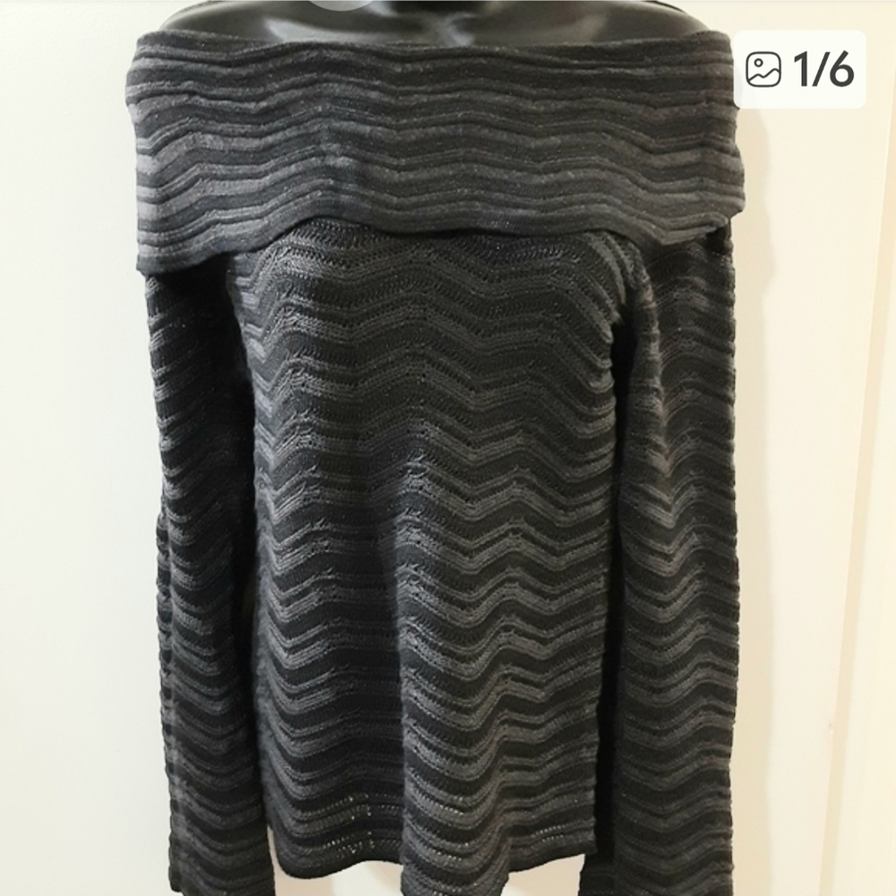 NIC+ZOE PS Petite Sweater Black Shimmer Off Shoulder Chevron Knit